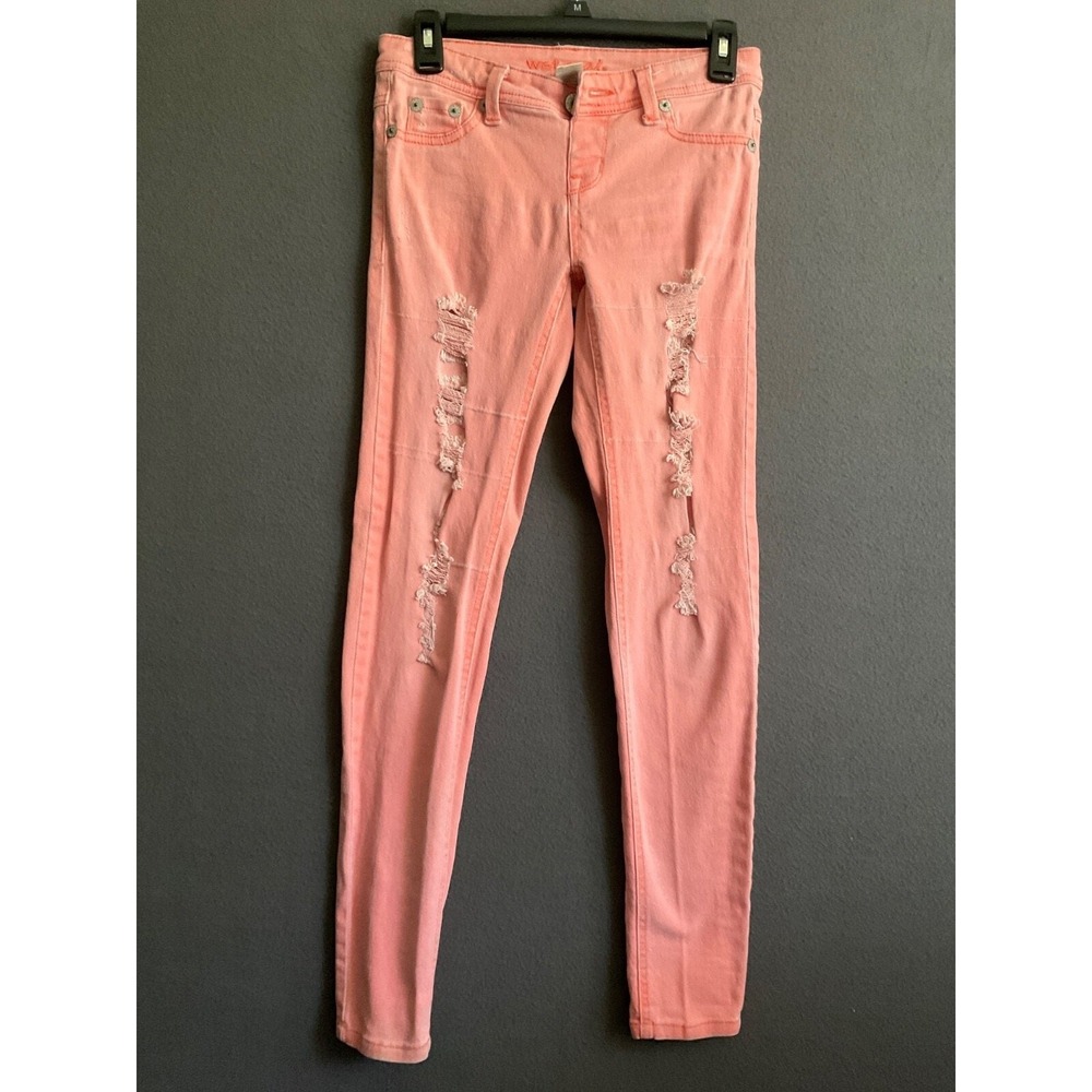 Wet Seal Skinny Jeans Peach Color Distressed Juniors Size 5 Cotton Stretch